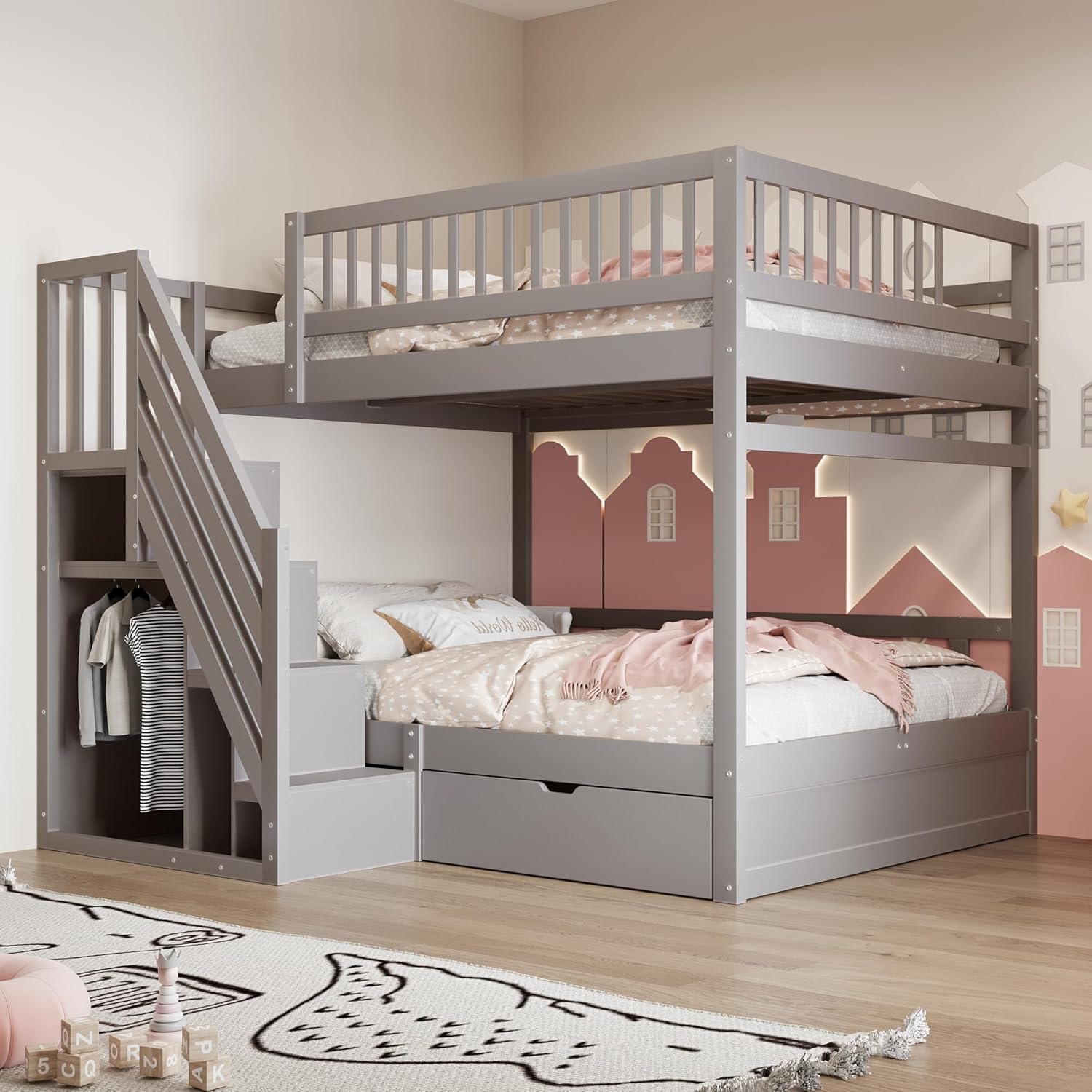 Kinderbett Etagenbett 140x200, Hochbett mit Treppe&Aufbewahrungsschrank&Schublade, Massivholz Funktionsbett Doppelbett Stockbett Jugendhochbett mit 2x Lattenrost & Rausfallschutz, Ohne Matratze, Grau