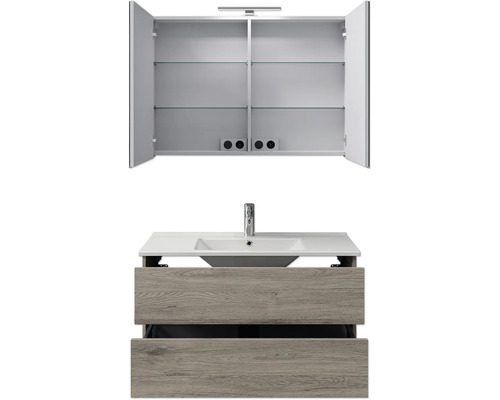 Badkamermeubelset Pelipal Cavallino (B x H x D 100 x 200 x 46 cm), frontkleur: Sanremo eiken, met witte keramische wastafel, badmeubel en spiegelkast met LED-verlichting