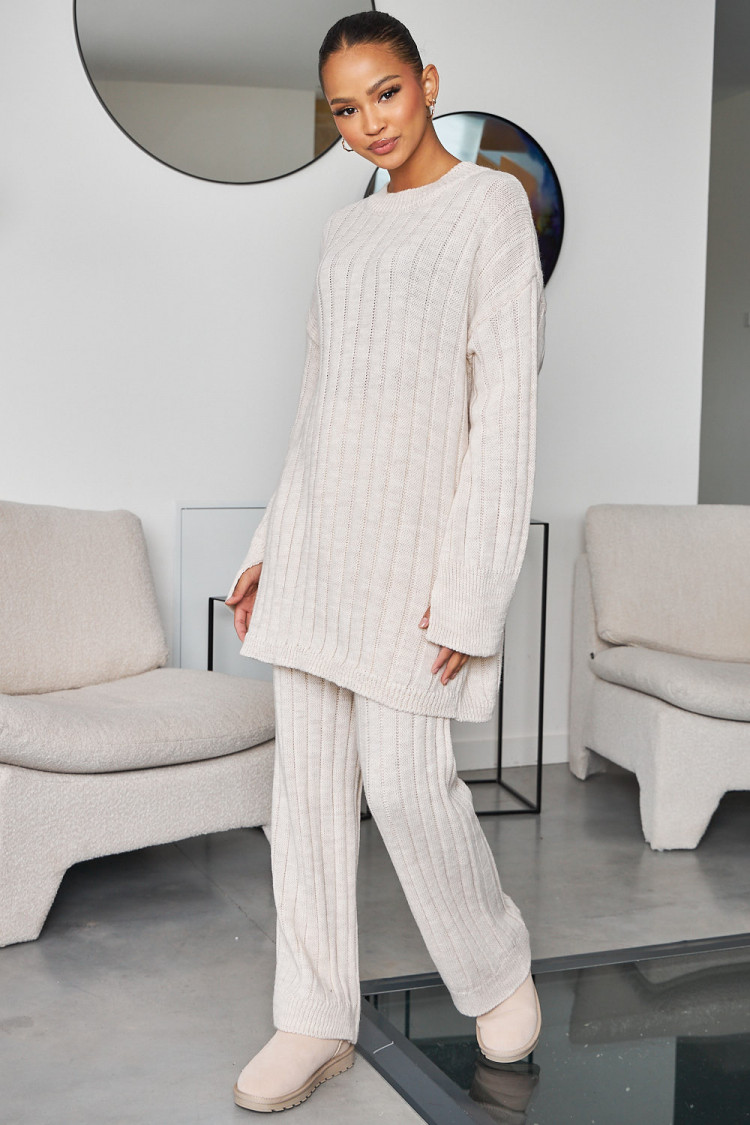 Ensemble 2 pièces pull long + pantalon en laine beige