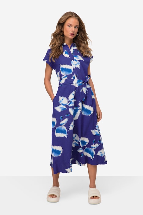 Leinenmix-Kleid, Print, Hemdkragen, Taillengürtel, Halbarm