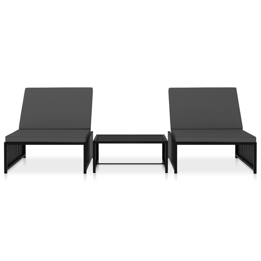 Lot de 2 transats chaise longue bain de soleil lit de jardin terrasse meuble d'extérieur avec table résine tressée noir 02_0