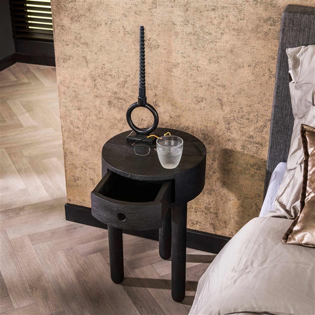 Hoyz Collection - Nachtkastje 1L Round Full Wood - Acacia Zwart
