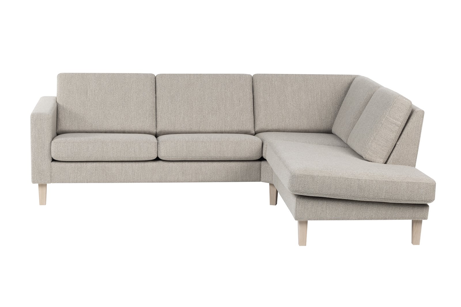 Slogen hjørnesofa Oppsett AH. 2,5-seter med åpen ende høyre. Tekstil Dragon Sand med standard ryggpute. Vange B og hvitpigmentert ben 178.