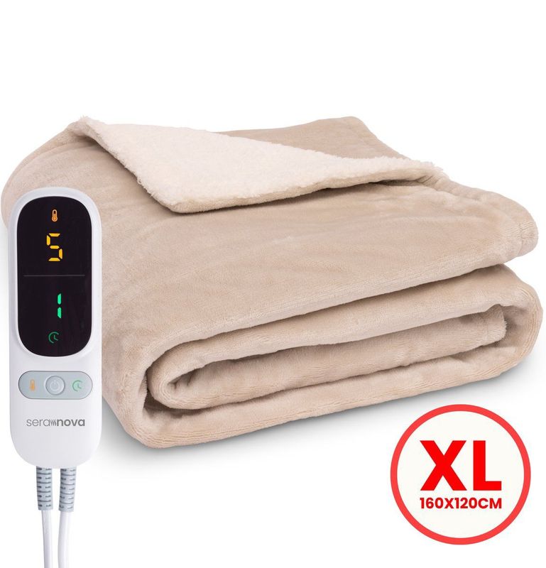 Seranova Elektrische Deken - Extra Warmtedraden - Premium Model - 160x120 cm - 1 persoons Warmtedeken - Dubbelzijdig Fleece Sherpa - Crème beige