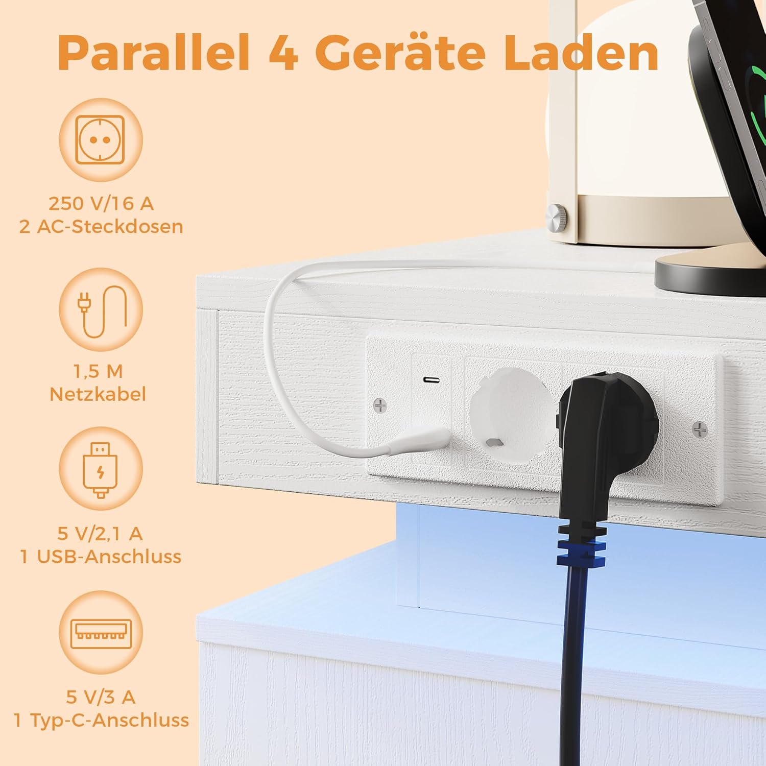 IRONCK Nachttisch 2er Set mit LED-Lichtern & 2 AC-Steckdose, Beistelltisch mit USB+Typ-C Anschlussen, Nachtschrank mit 2 Schubladen, Sofatisch für Schlafzimmer, Wohnzimmer, Weiß