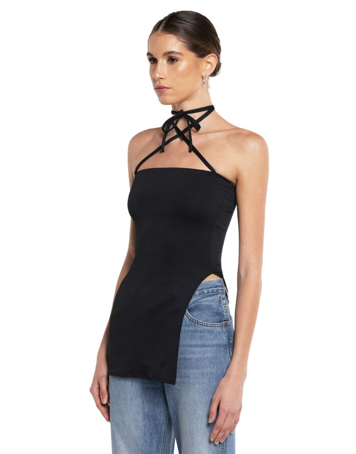 OW Collection Tie High Slit Top Black caviar