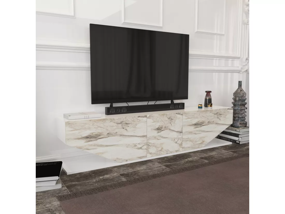 Meuble TV Pearl de 180 cm avec des armoires en style ailes (Blanc et Effet marbre blanc)