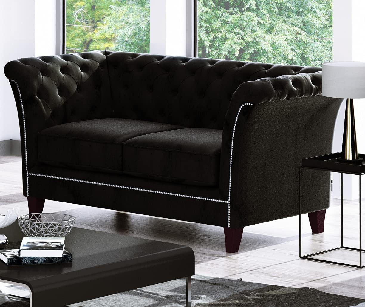 Noah Sofa 2-Sitzer Chesterfield-Sofa für Wohnzimmer Lounge Couch mit Holzfüßen Möbel Freistehende Polster Sofas & Couches Couchgarnitur Schwarz 175 x 82 x 75 cm
