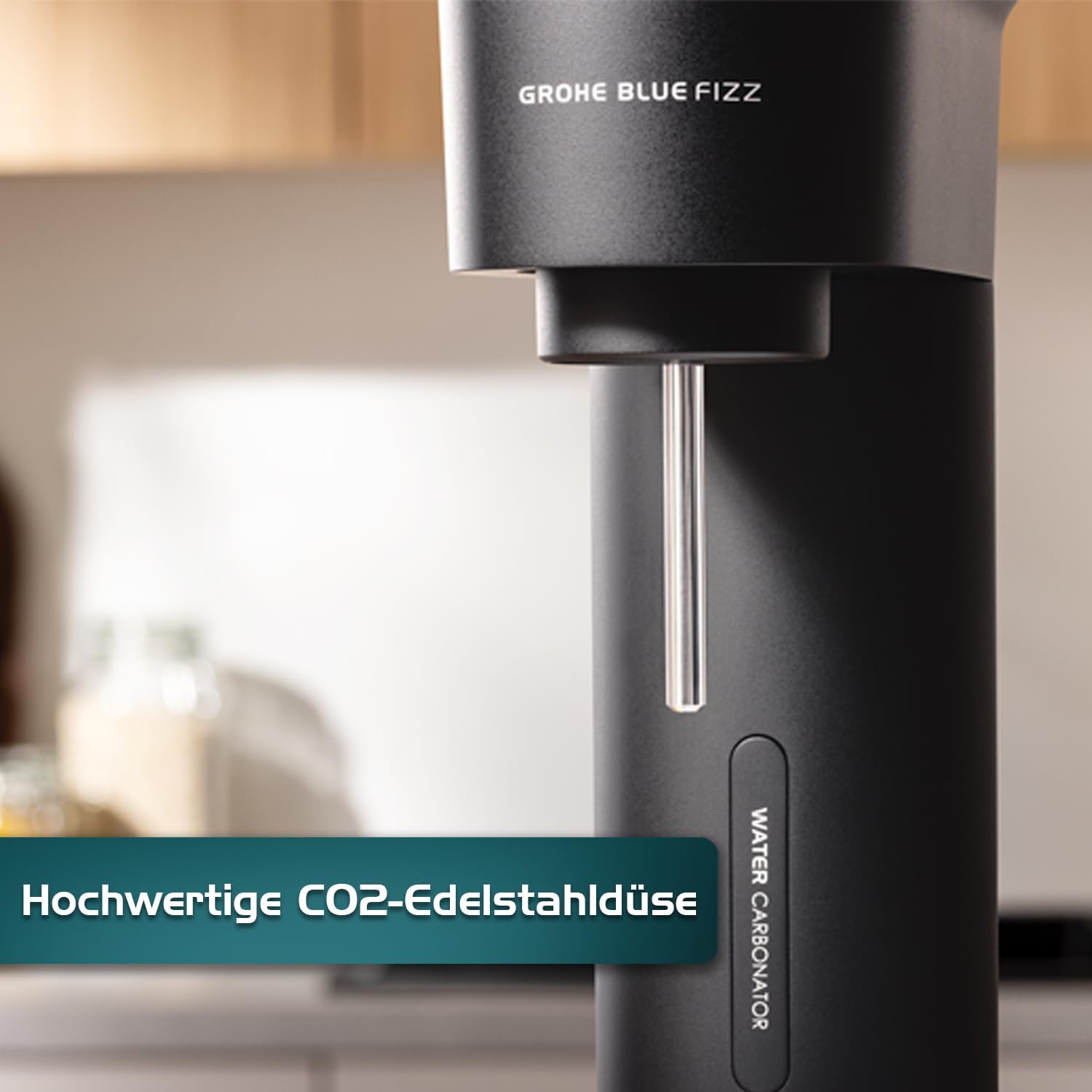 GROHE Blue Fizz, Wassersprudler Starter Set (mit CO2-Füllstandsanzeige, 3 einstellbare Sprudel-Stufen, ohne CO2 Flasche, 1x 0,85l Wasserflasche + Reinigungspulver), schwarz, 31947K00
