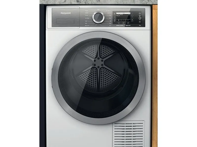 Hotpoint H8 D94WB EU, Fritstående, Front-læsning, Varmepumpe, Hvid, Dreje, Berøring, Højre