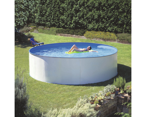 Opzetzwembadset van staalwand Basic rond Ø 450 x 120 cm incl. ingebouwde skimmer, ladder, thermoafdekking, bodembeschermvlies & aansluitslang wit