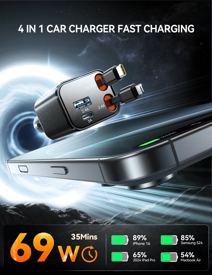 (69W) USB C / USB A Auto KFZ Ladegerät Netzteil PD 3.0 / QC 3.0 mit Ausziehbares USB C / Lightning Ladekabel (JR-CCL05) - Silber / Schwarz