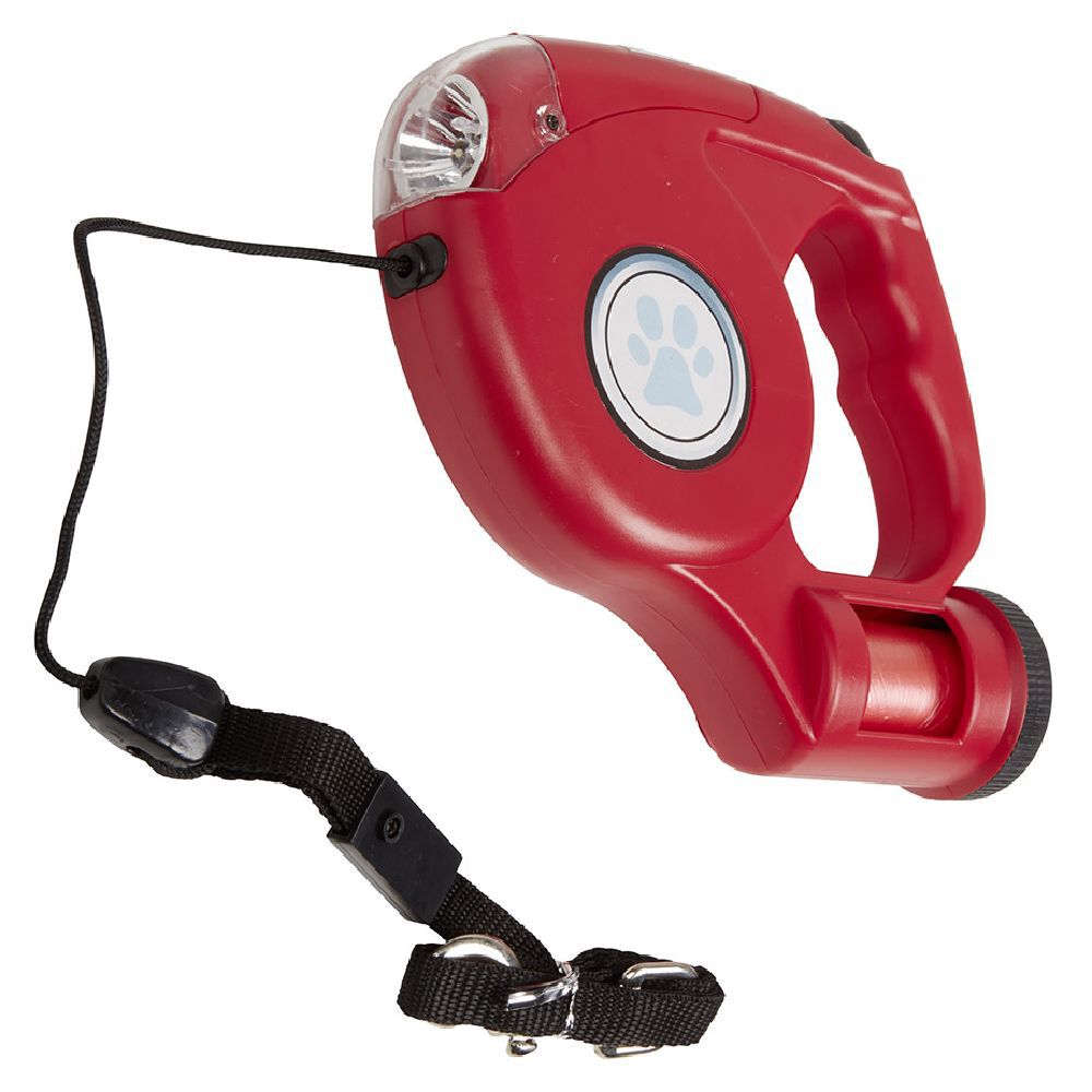 Laisse rétractable, distributeur de sac à déjection et lampe LED