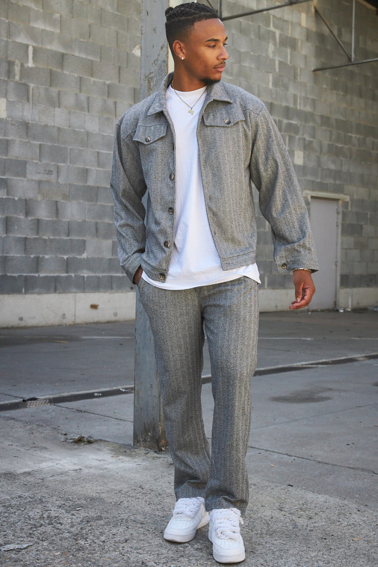 Ensemble 2 pièces chemise + pantalon gris à chevrons