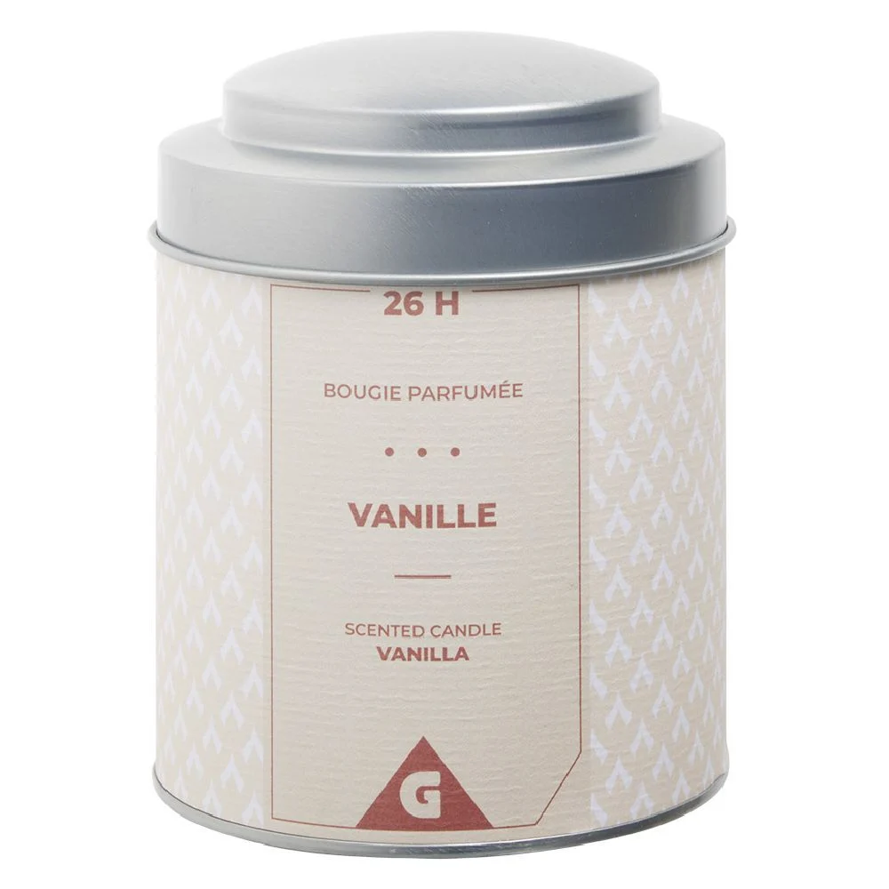 Bougie parfumée dans pot métal gris et ivoire senteur vanille 26H