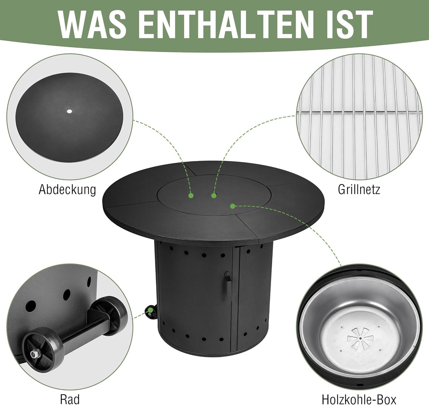 Ambiente Feuertisch Rund, Kohle, Grill, Ambiente inkl. Regenhaube, Grillrost, erweiterbar, Holzkohle, Feuerstelle, BBQ, Schwarz