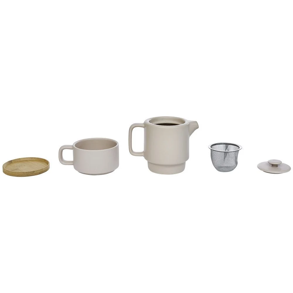 Tisanière 40cl et tasse 25cl grès taupe avec support bambou