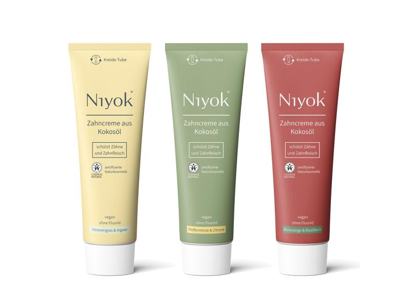 Niyok Zahncreme Kokosöl Zitronengras und Ingwer 75 ml Zahncrème Kokosöl Blutorange & Basilikum 75 ml