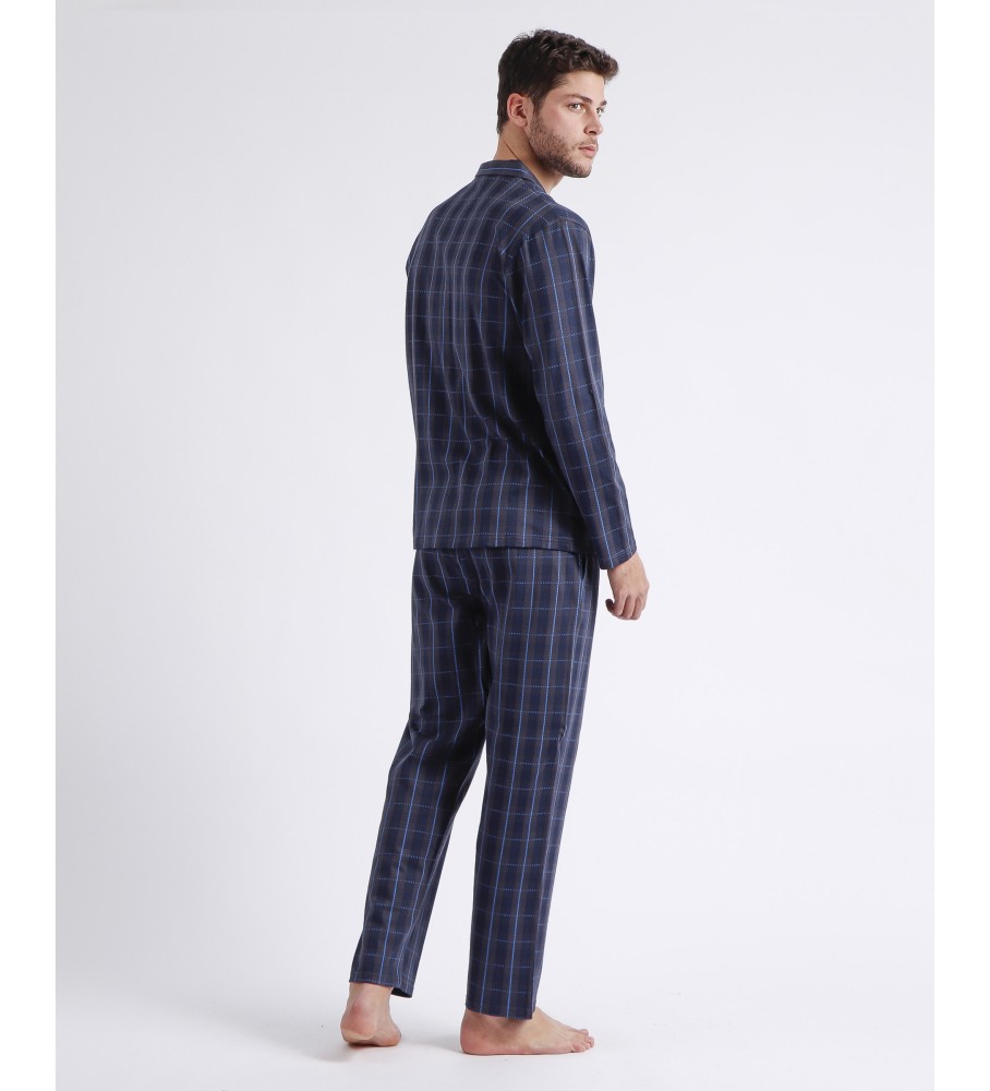 Pijama aberto Antonio Miro de manga comprida, modelo Cassete, azul marinho.