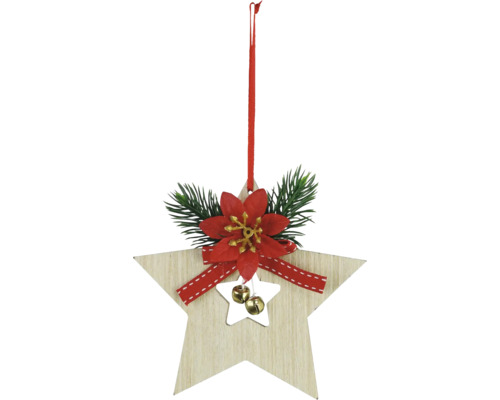 Kerstdecoratie hangende ster met bloem, natuurlijk hout
