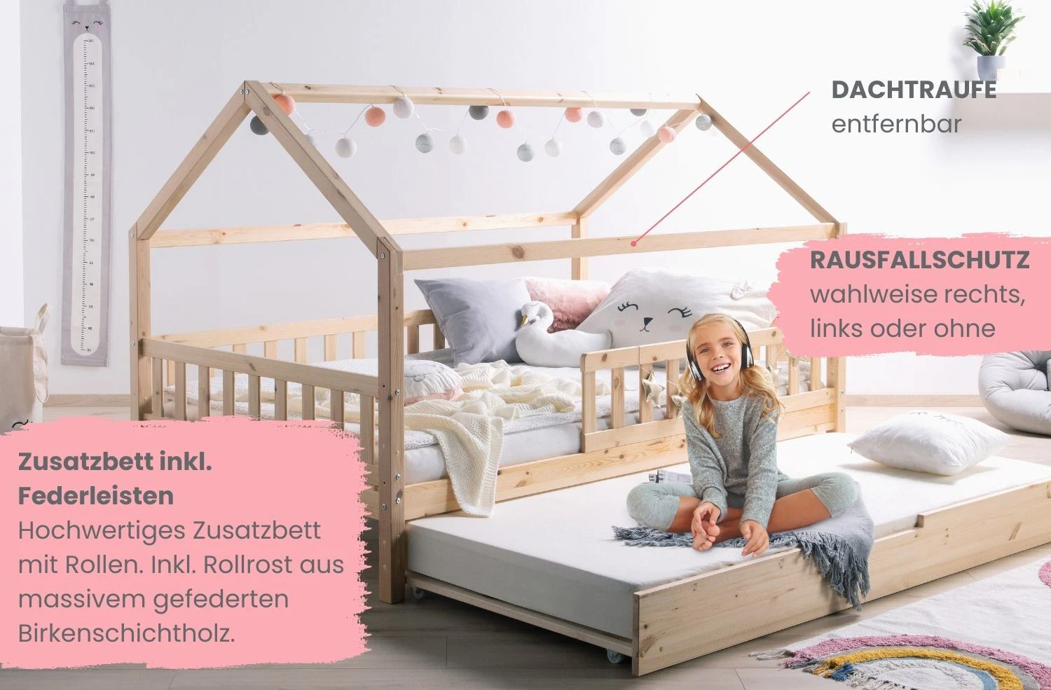TiCAA TiCAA Kinderbett Hausbett mit Tüll Kim 90x200 cm, 100x200 cm, 120x200 cm, 140x200 für Jungen & Mädchen, inkl. Rolllattenrost, Zusatzbett und Rausfallschutz variabel, MontessoriBett Natur aus Kiefer Massivholz