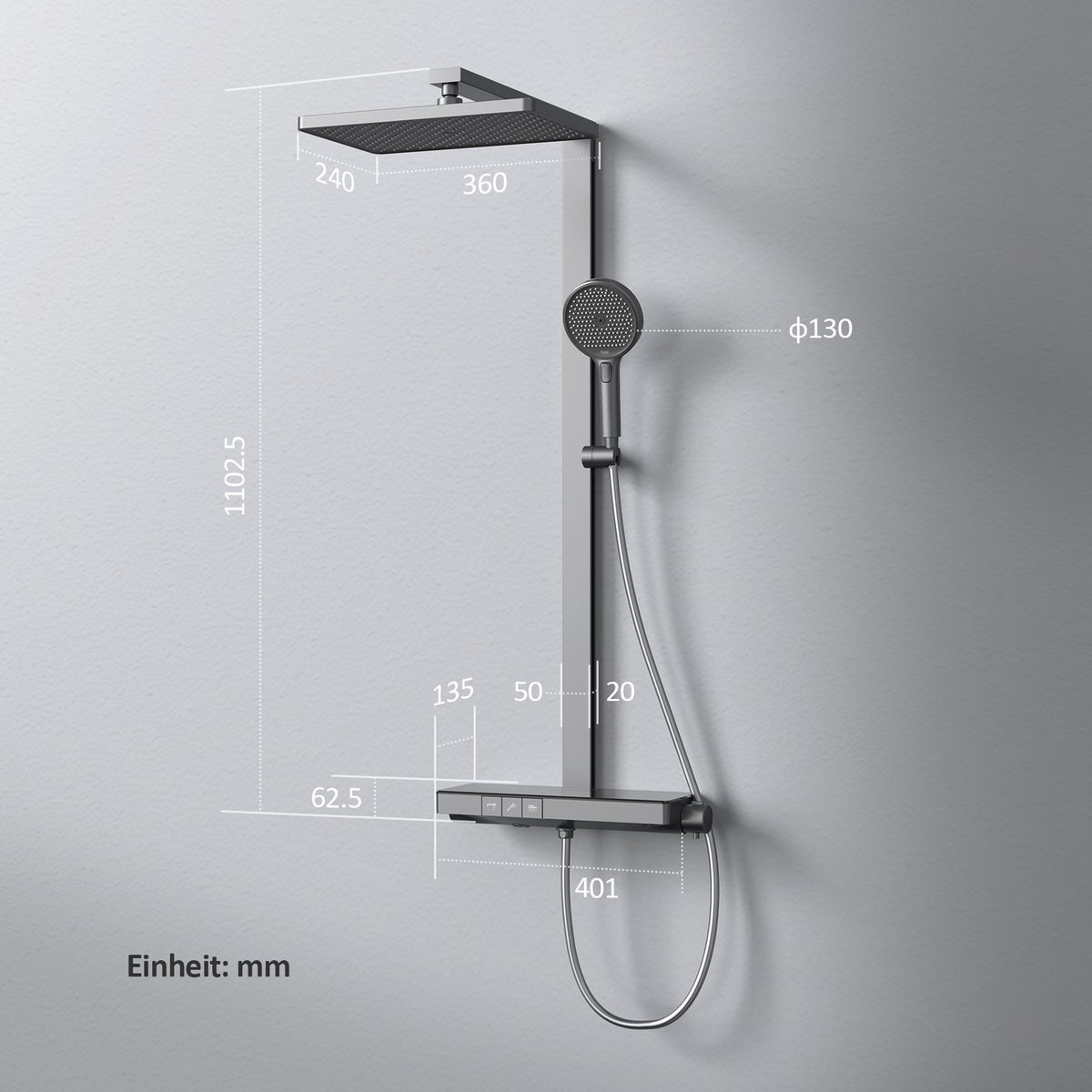 EMKE Douchesysteem met thermostaat, doucheset, douchekolomset met thermostaatplaat 40 cm, douchestang, handdouche met 4 straalsoorten, regendouche, waterafvoer, antraciet mat