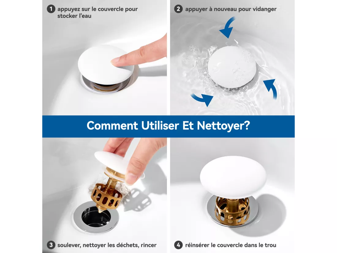 Auralum max Bonde Lavabo Universel Pop Up avec Filtre Anti-Clogging,Bonde Lavabo Salle Bain avec Trop Plein,avec Couvercle Céramique,Blanc