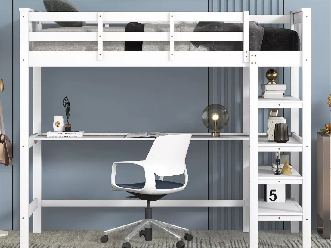 Lit mezzanine 90 x 200 cm pour enfant - bureau + étagères de rangement - blanc