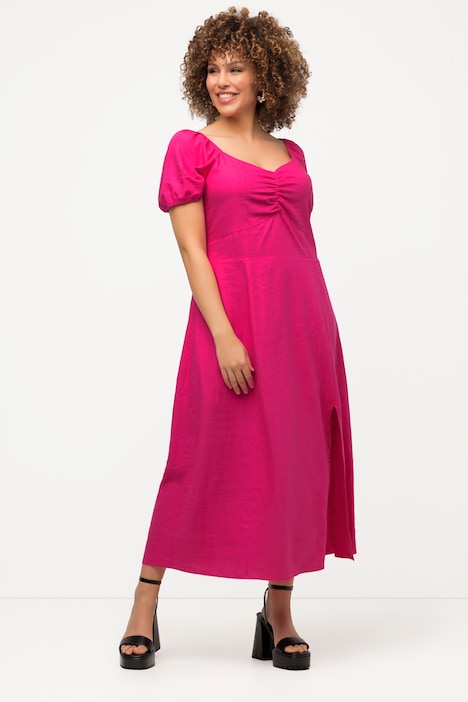 Midikleid, Leinenmix, Smokdetail, Herzausschnitt, Halbarm