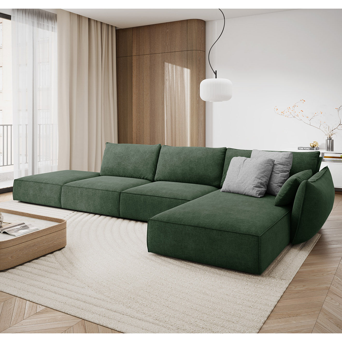 Mazzini Sofas Canapé D'Angle Droit Vanda 5 Places 1 vert bouteille - 386x166x85 cm