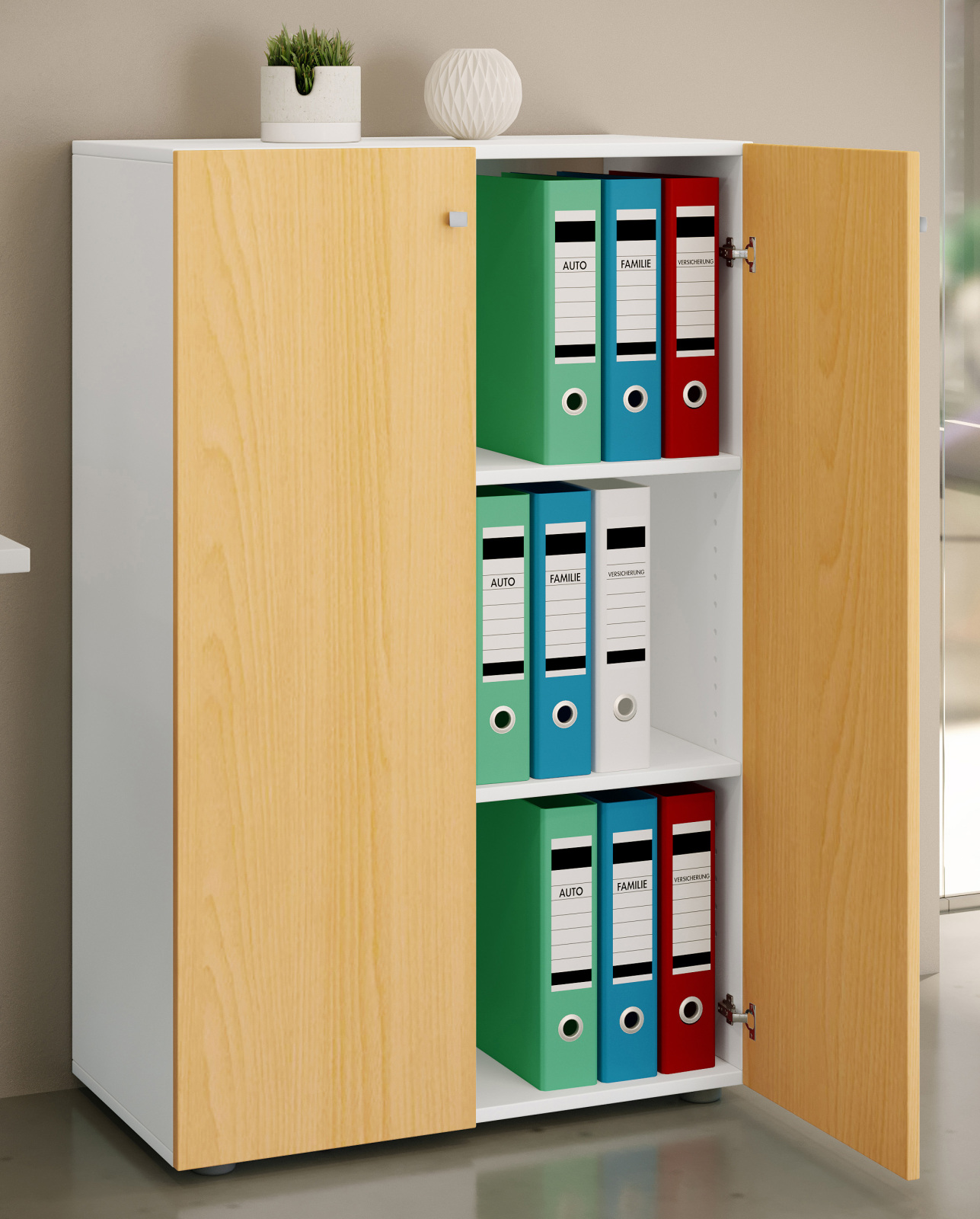 Büroschrank LONA XL - Buche - weiß - mit Drehtüren - 110 cm hoch