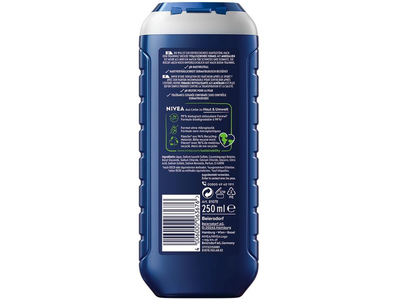 NIVEA MEN Duschgel Pflegedusche Sport 250 ml Erfrischendes Duschgel für aktive Männer