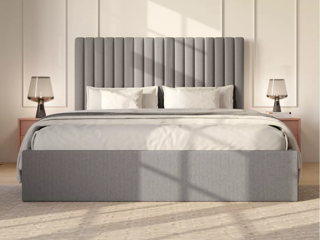Lit coffre 180 x 200 cm avec tête de lit coutures verticales - Velours côtelé - Gris - SARAH
