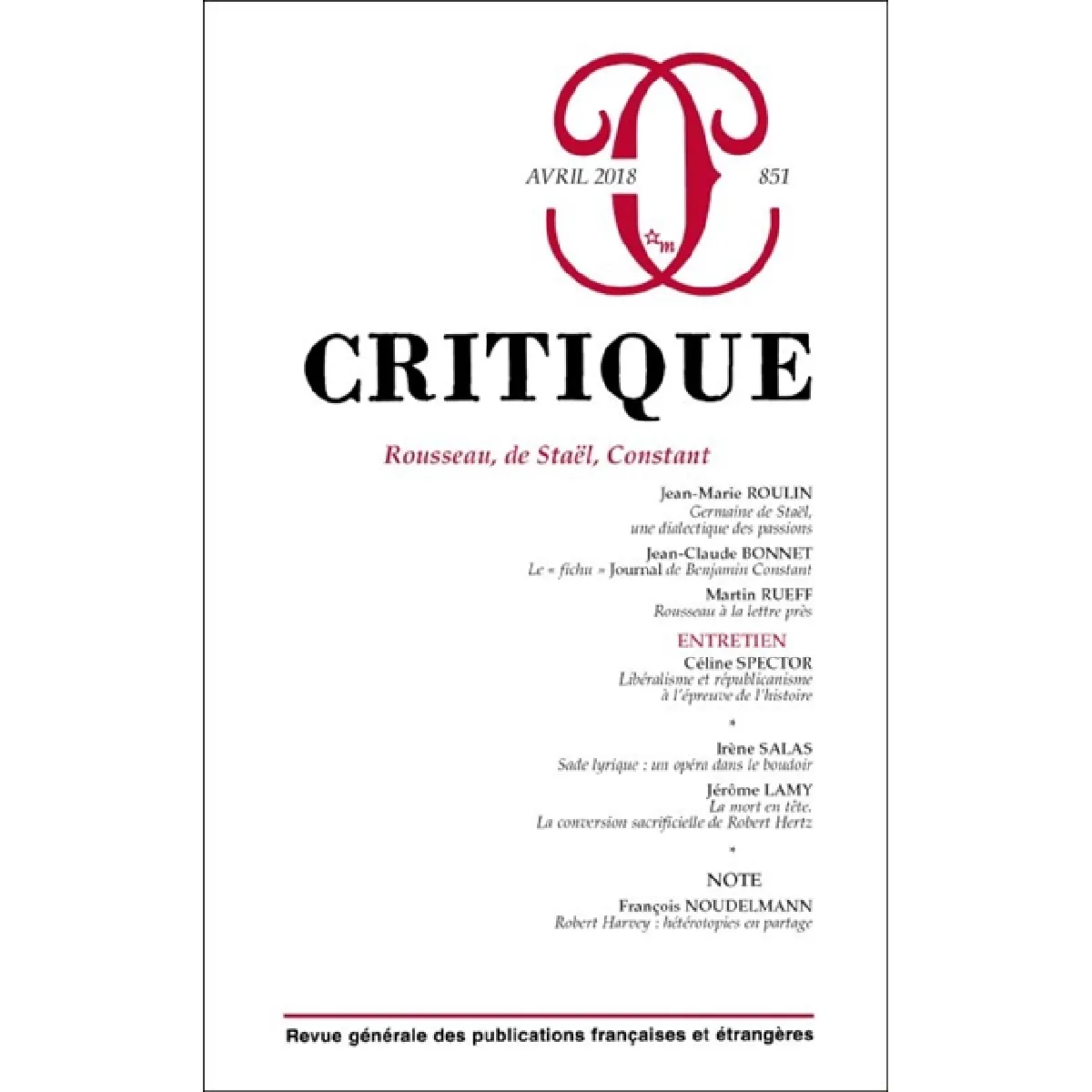 Critique, n° 851. Rousseau, de Staël, Constant · Occasion
