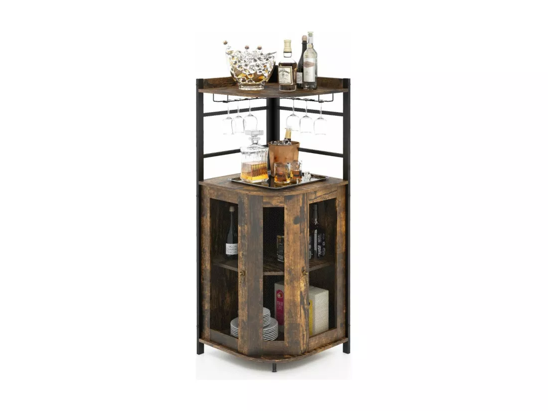 Buffet Cuisine Industriel, Armoire d’Angle, Étagère Réglable, Meuble Bar avec Porte-Verres, Placard à Porte en Maille Métallique, Kit Anti-basculement Inclus, 46 x 46 x 130 CM (Marron Rustique)
