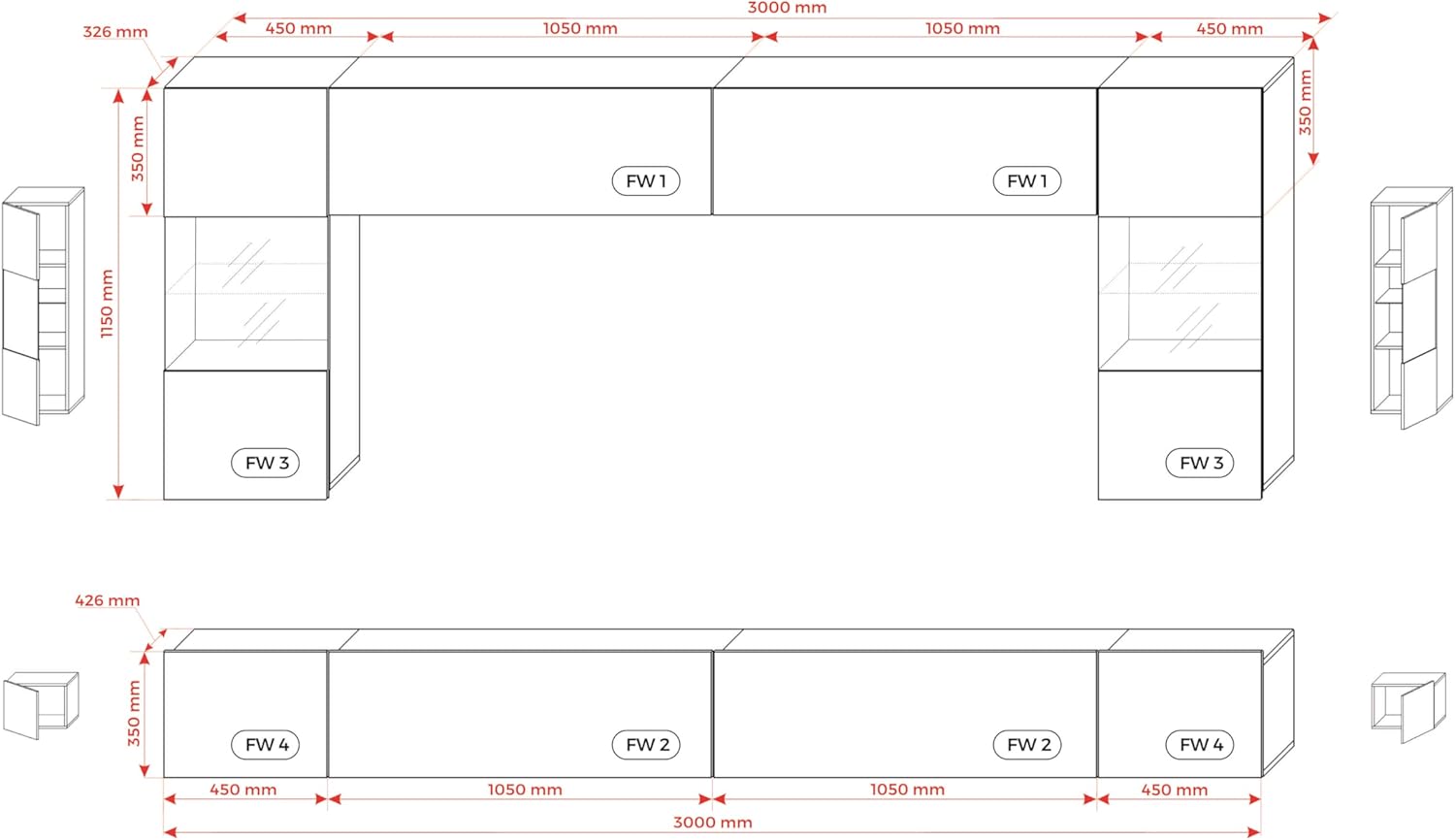 3E 3xE living.com Wohnwand Schwarz Matt/Grau Glanz Medienwand Design Modern MDF Hochglanz, Wohnzimmer Möbel, Wohnwand Wohnzimmer
