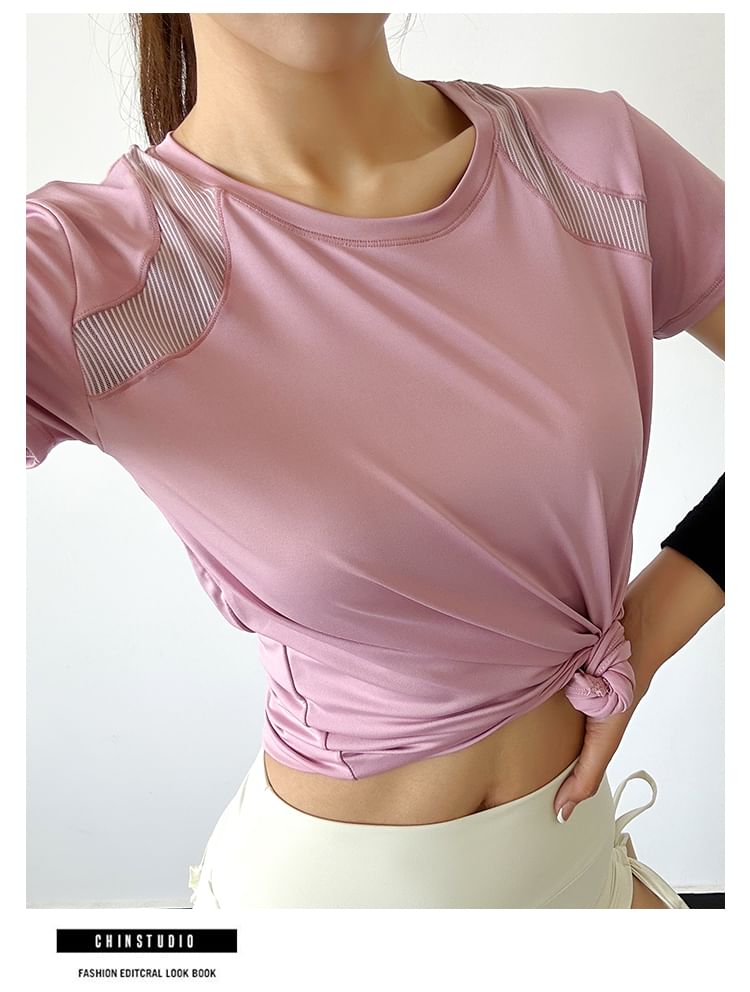 Engiko - Sport-T-shirt met korte mouwen, ronde hals, effen mesh-paneel en uitsparing op de rug