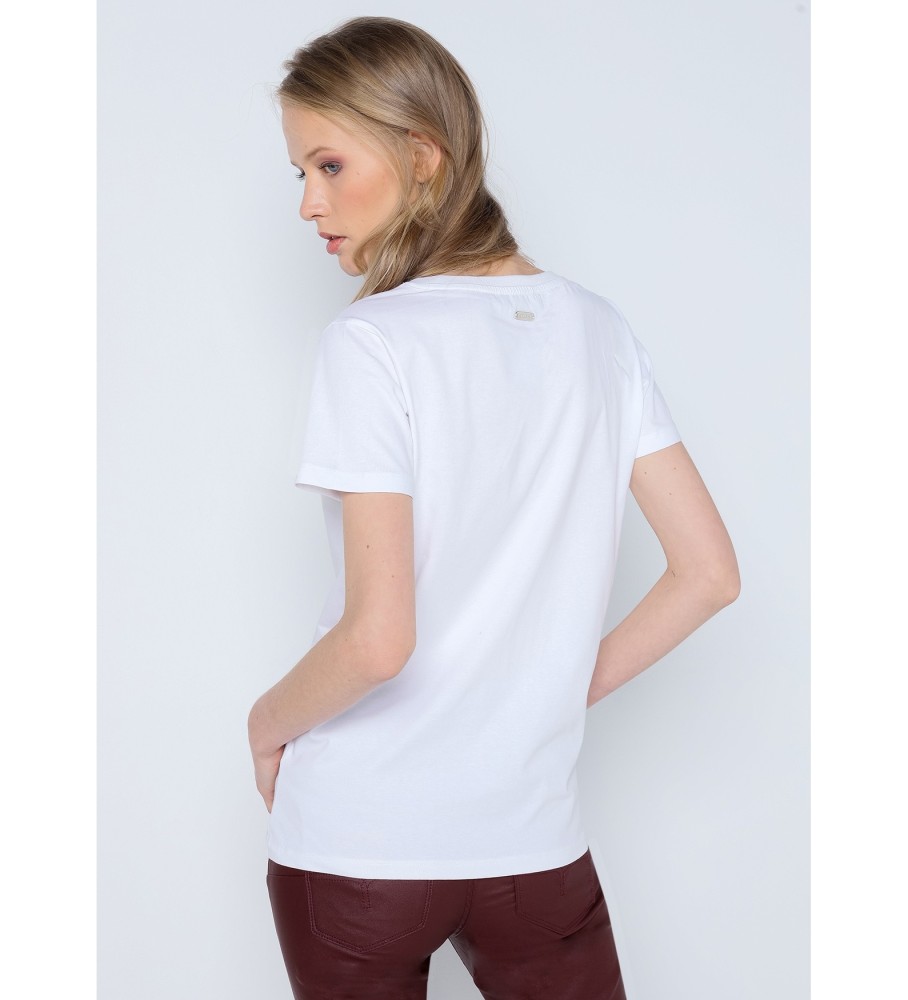 Camiseta Lois de manga curta com estampa floral e logo, branca.