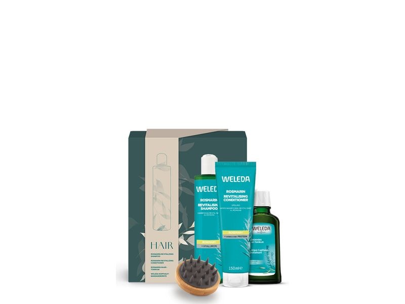 WELEDA Geschenkset Haircare Rosmarin Natürliches Geschenkset für Haare mit Kopfhaut-Massagebürste