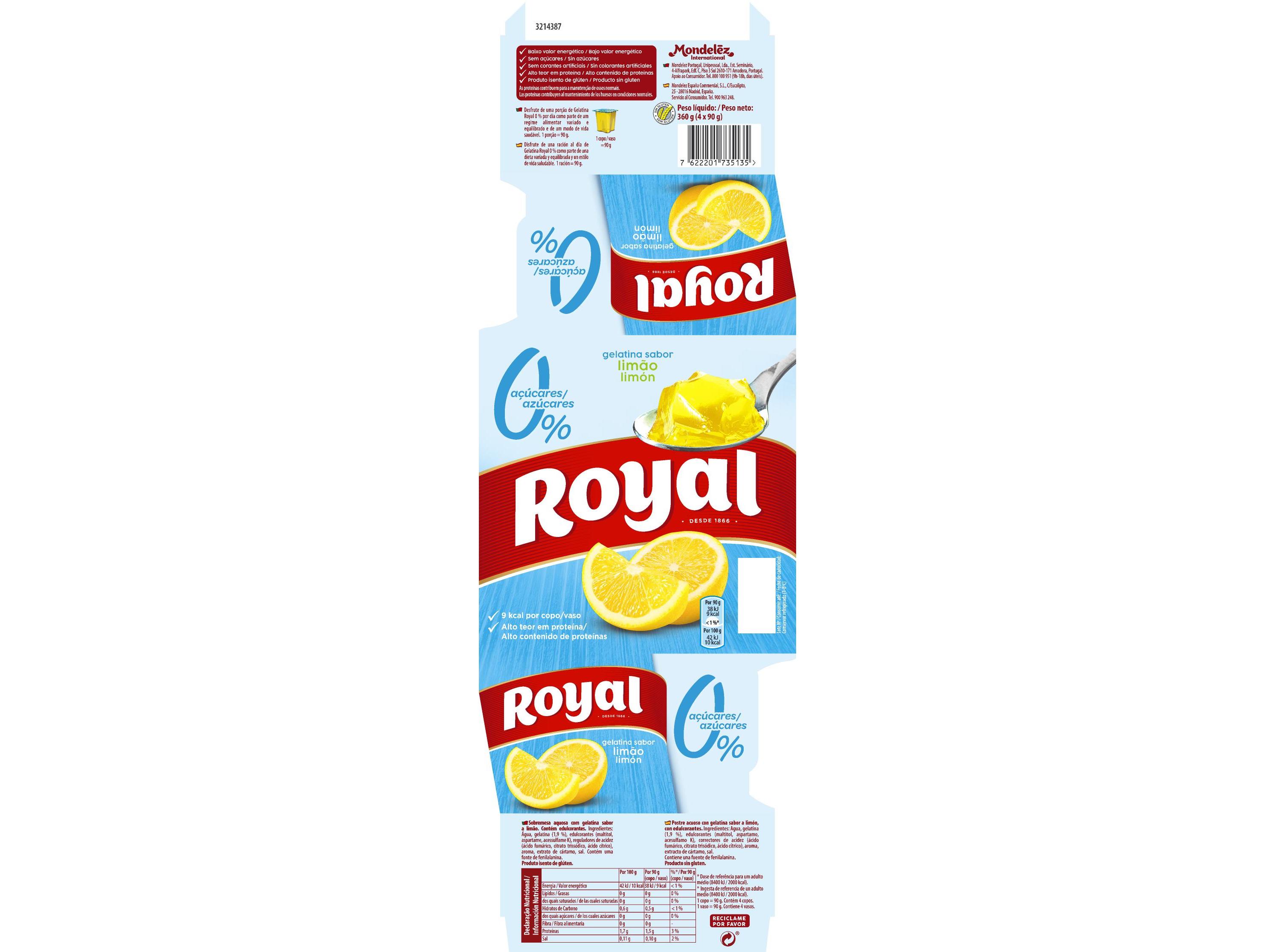 GELATINA ROYAL LIMÃO 0% DE AÇÚCAR 4X90 G