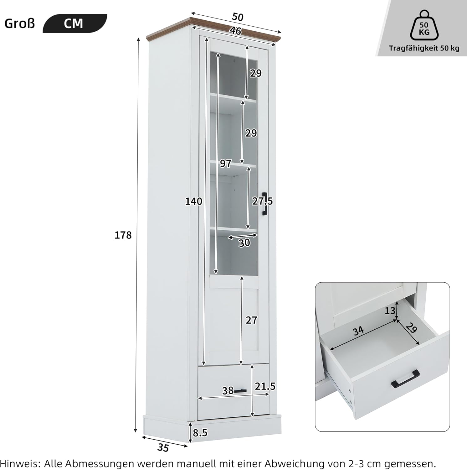 Merax Vitrine mit LED-Lichtern, Glasvitrine mit Schubladen und 5 Fächern, Modern Vitrinenschrank Bücherschrank Sammlervitrine, Hochschränk für Küchen Wohnzimmer Schlafzimmer Büro Eingang, Weiß, 178cm