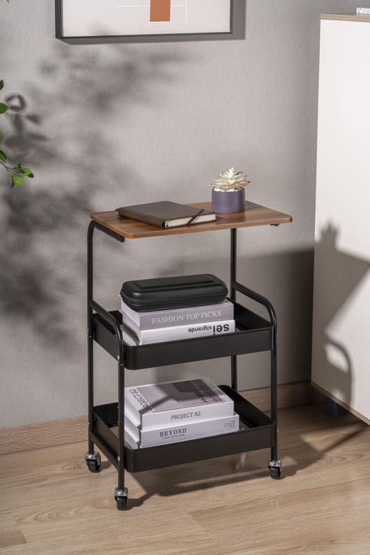 VDD - Bijzettafel - Zwart - Bijzettafel Woonkamer - Bijzettrolley - Bijzettafel op Wieltjes - Bijzettafel Industrieel