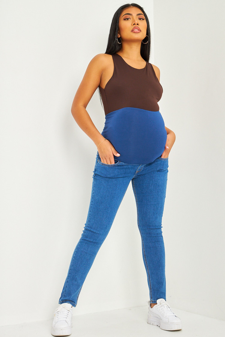 GROSSESSE - Jeans bleu avec bandeau intégré