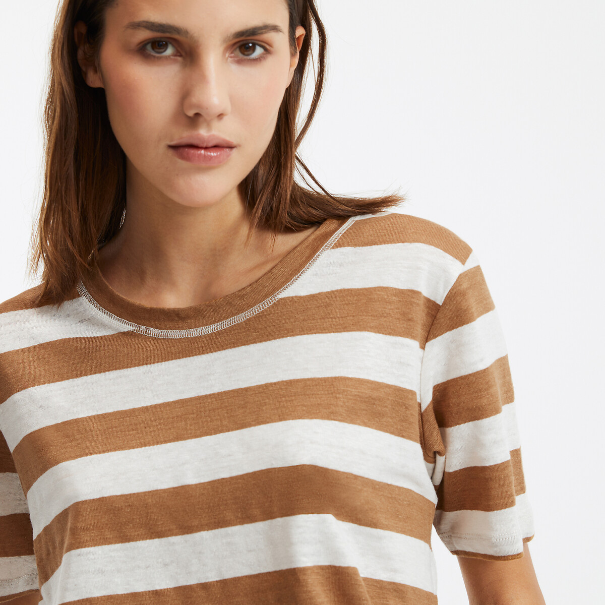 COLEÇÃO LA REDOUTE<br>Camiseta listrada de linho com gola redonda e mangas curtas