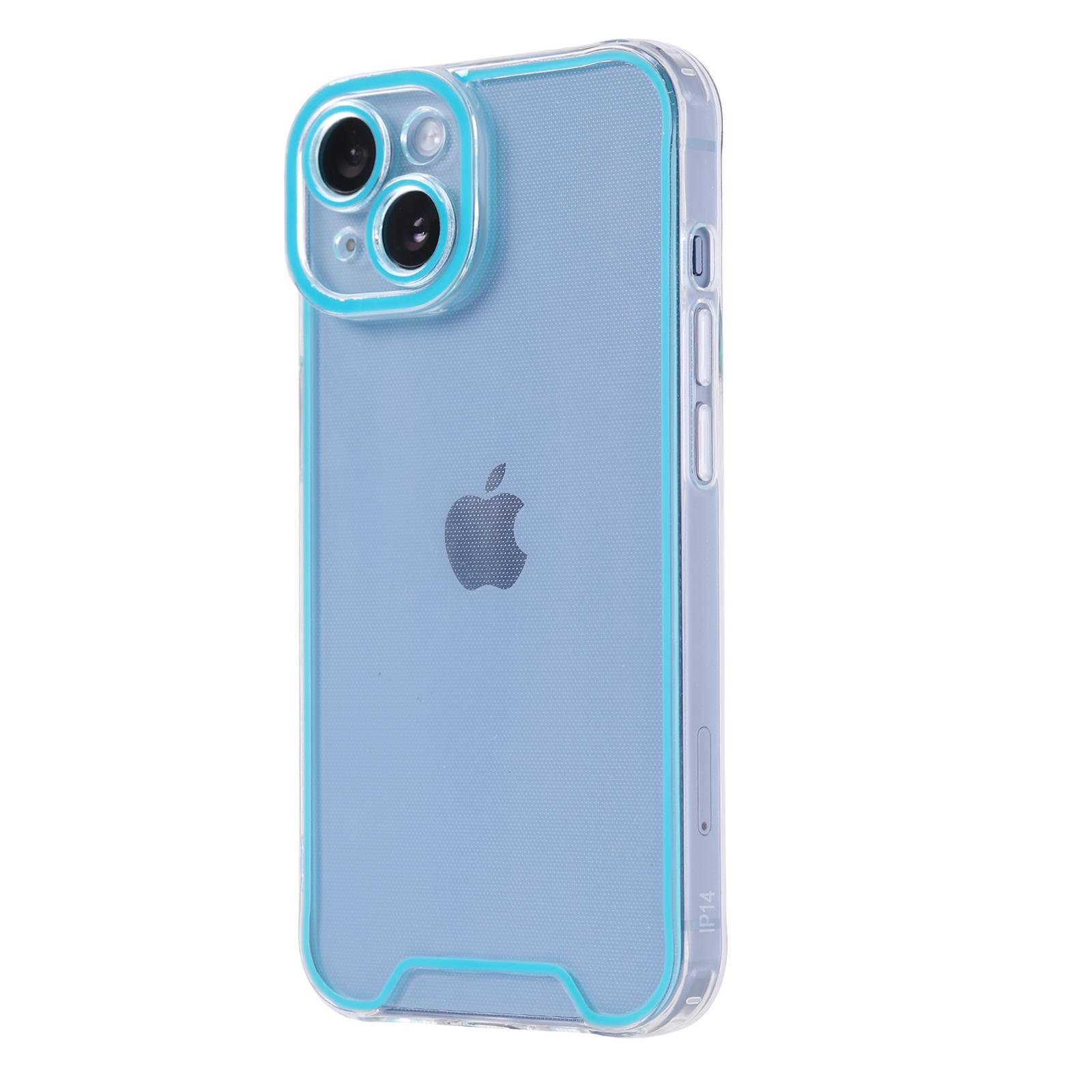 iPhone 14 Gummi Case Hülle mit Fluoreszierendem Rahmen - Blau / Transparent