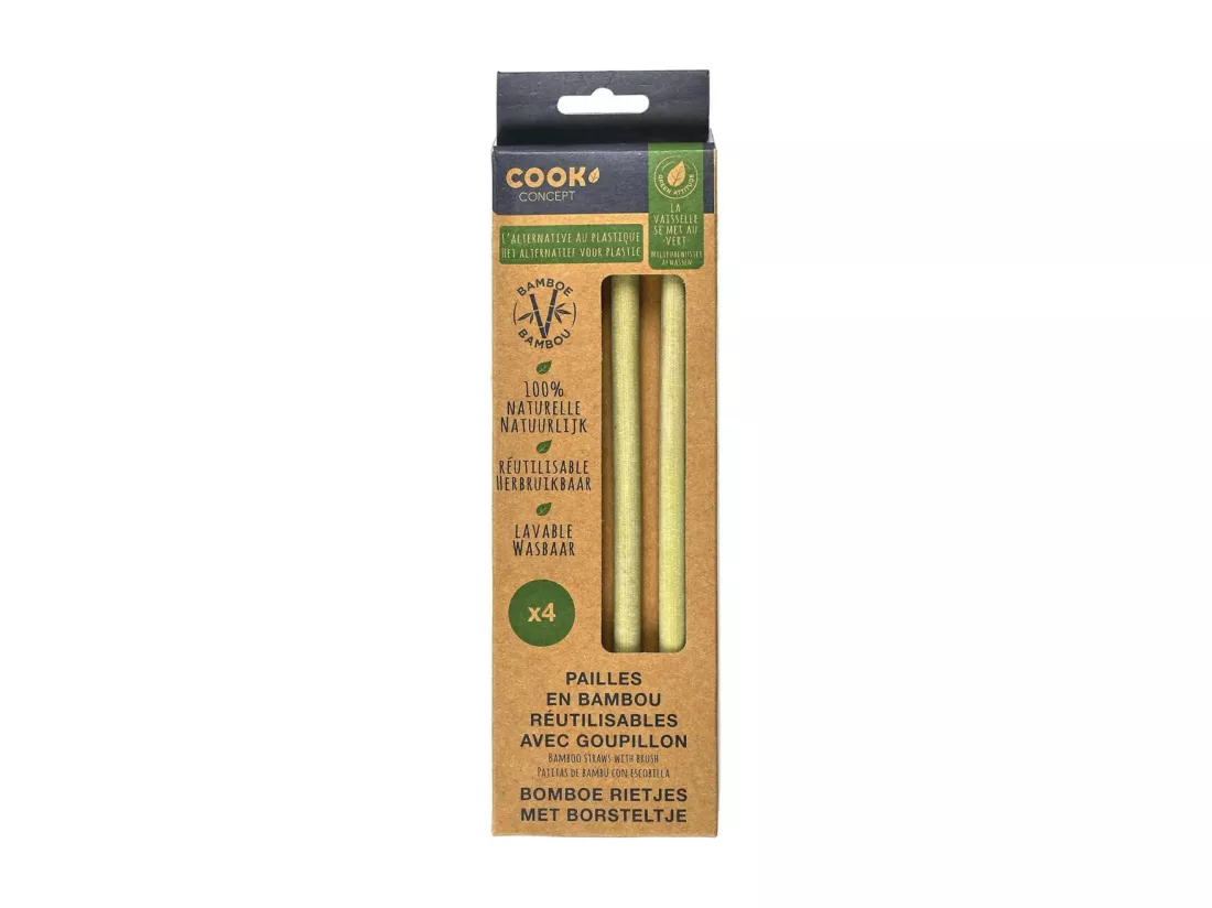 4 pailles en bambou avec goupillon