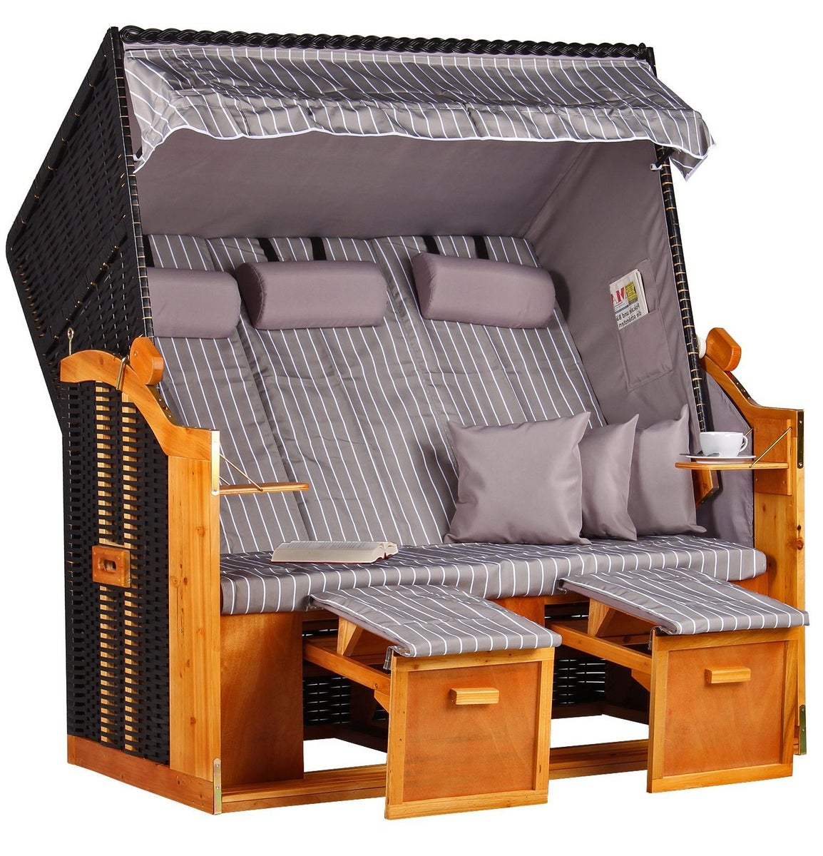 Baltische strandstoel, driezits, PE, zwart, Royal Grey design