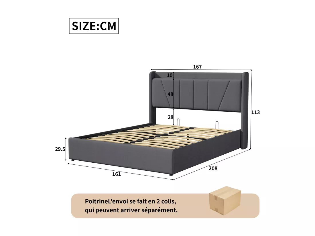 Lit double 160*200cm avec 2USB+1port de type-c+levier pneumatique, Noir, Linen
