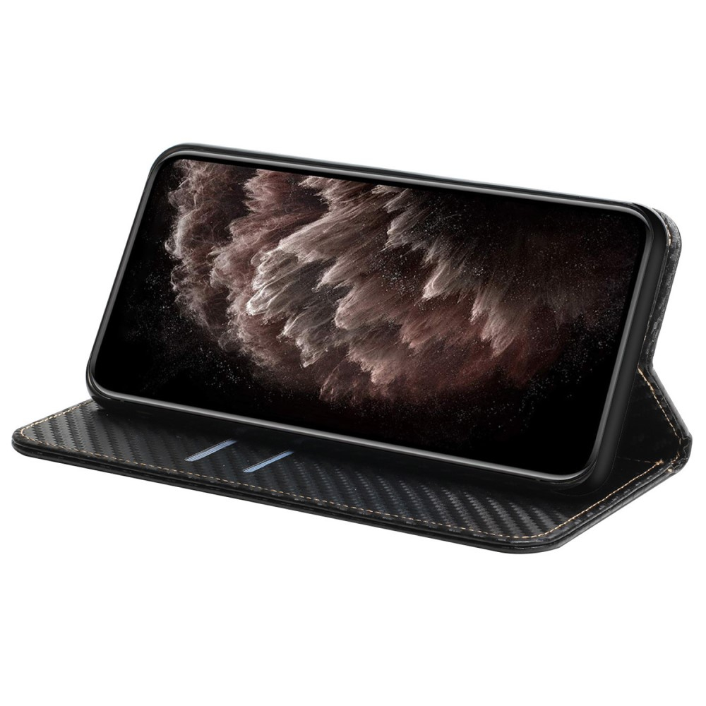 iPhone 15 Pro Max Leder Tasche Flip Cover Carbon Look - Schwarz