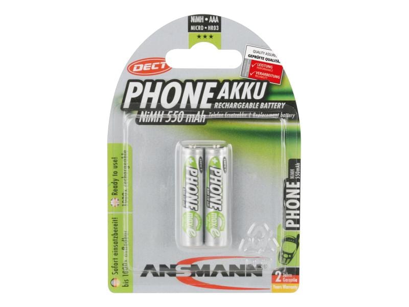 Ansmann Akku Phone NiMH AAA für DECT-Phones 550 mAh, 2 Stüc AAA-Akkus im 2er-Pack
